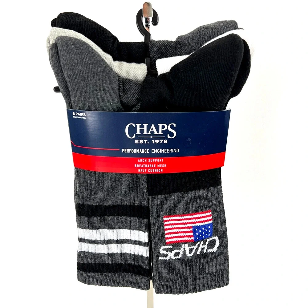 NEW Chaps Men’s Athletic Crew Socks 6 Pairs Arch Support Black Shoe Size 6-12.5
